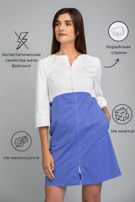 картинка Халат женский медицинский "Евгения Политрик" белый с синим от интернет магазина
